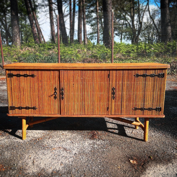 Console enfilade vintage en rotin et bambou fendus par Adrien Audoux & Frida Minet - 1950