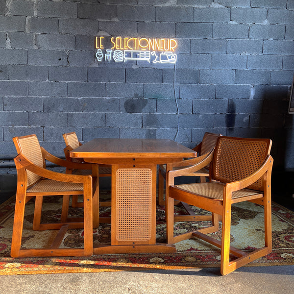 Ensemble vintage table et 4 chaises style scandinave en teck, cannage et chêne - Années 70/80