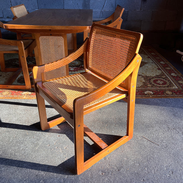 Ensemble vintage table et 4 chaises style scandinave en teck, cannage et chêne - Années 70/80