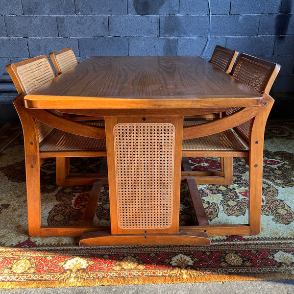 Ensemble vintage table et 4 chaises style scandinave en teck, cannage et chêne - Années 70/80