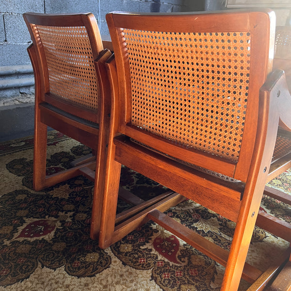 Ensemble vintage table et 4 chaises style scandinave en teck, cannage et chêne - Années 70/80