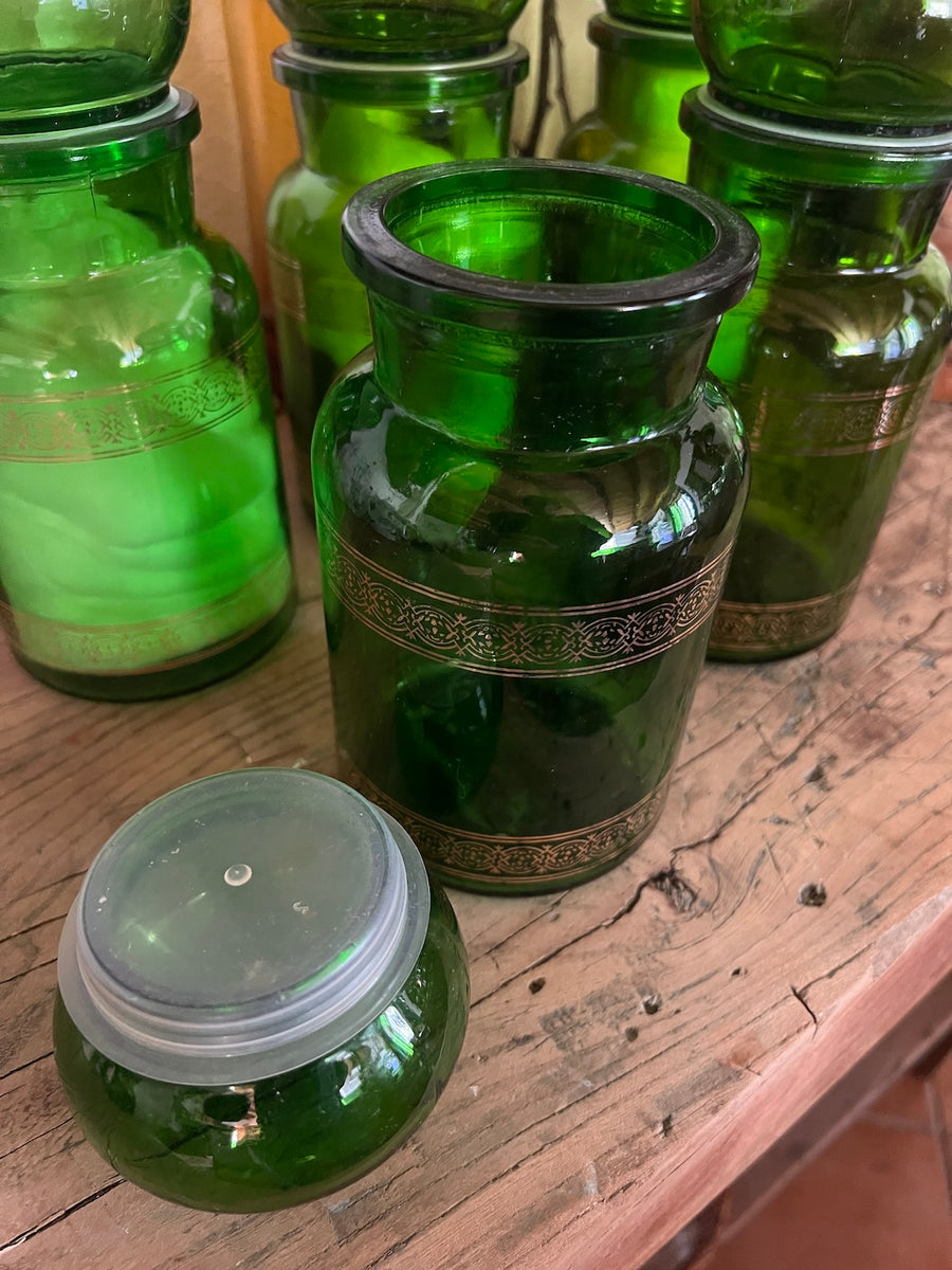 Duo de Flacons Apothicaire en verre de Belgique vert et doré Doré/Vert