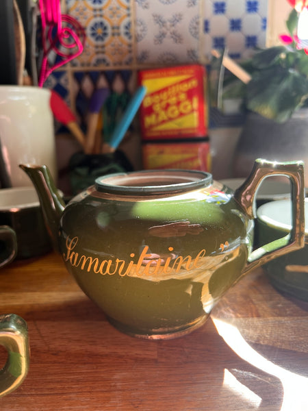Service à café / thé vintage en céramique verte et blanche - Samaritaine et Capion Périgueux