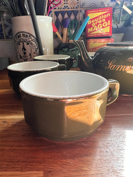 Service à café / thé vintage en céramique verte et blanche - Samaritaine et Capion Périgueux