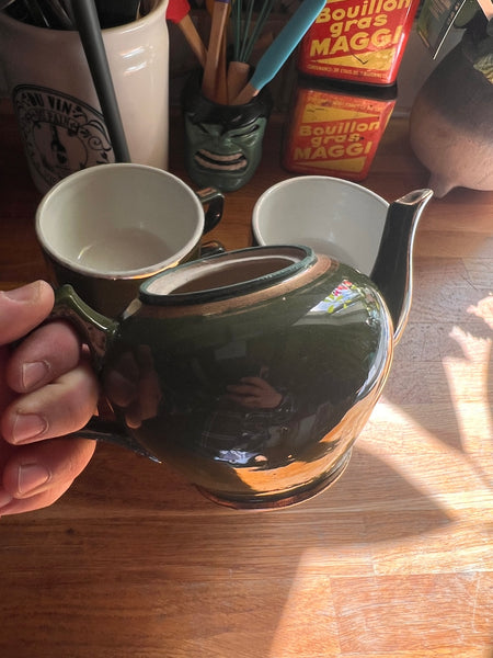 Service à café / thé vintage en céramique verte et blanche - Samaritaine et Capion Périgueux