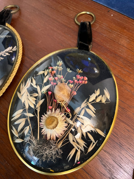 Duo de cadres ovales vintages au verre bombé de fleurs séchées