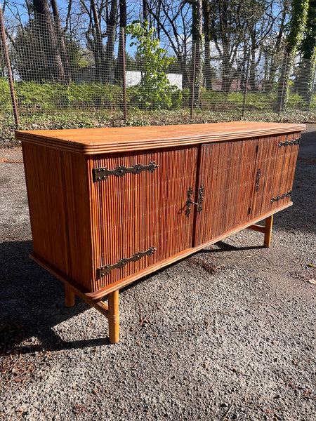 Console enfilade vintage en rotin et bambou fendus par Adrien Audoux & Frida Minet - 1950