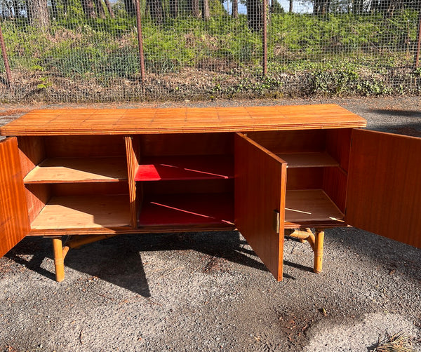 Console enfilade vintage en rotin et bambou fendus par Adrien Audoux & Frida Minet - 1950