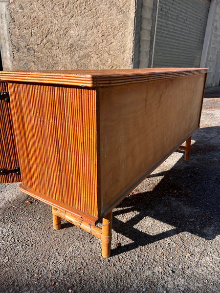 Console enfilade vintage en rotin et bambou fendus par Adrien Audoux & Frida Minet - 1950
