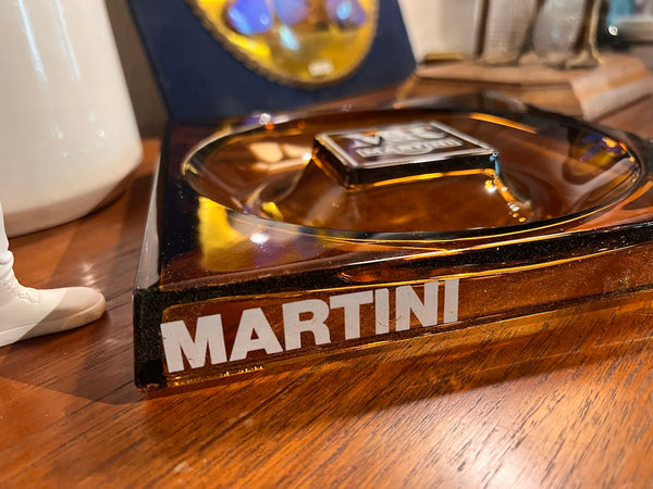 Grand cendrier carré M&R Martini de bistrot vintage en verre brun