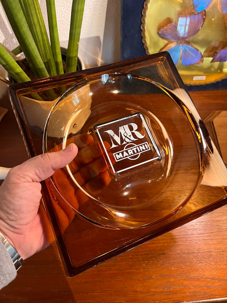 Grand cendrier carré M&R Martini de bistrot vintage en verre brun