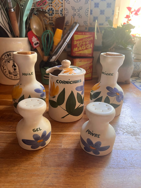 Service à condiments vintage 5 pièces en céramique dans le goût de la Poterie du Marais