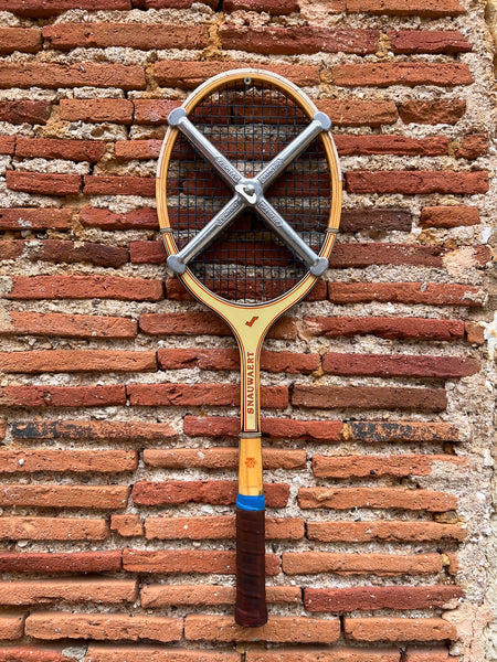 Raquette de tennis vintage en bois Snauwaert Fibre Wood Flex avec housse et tendeur Zephyr