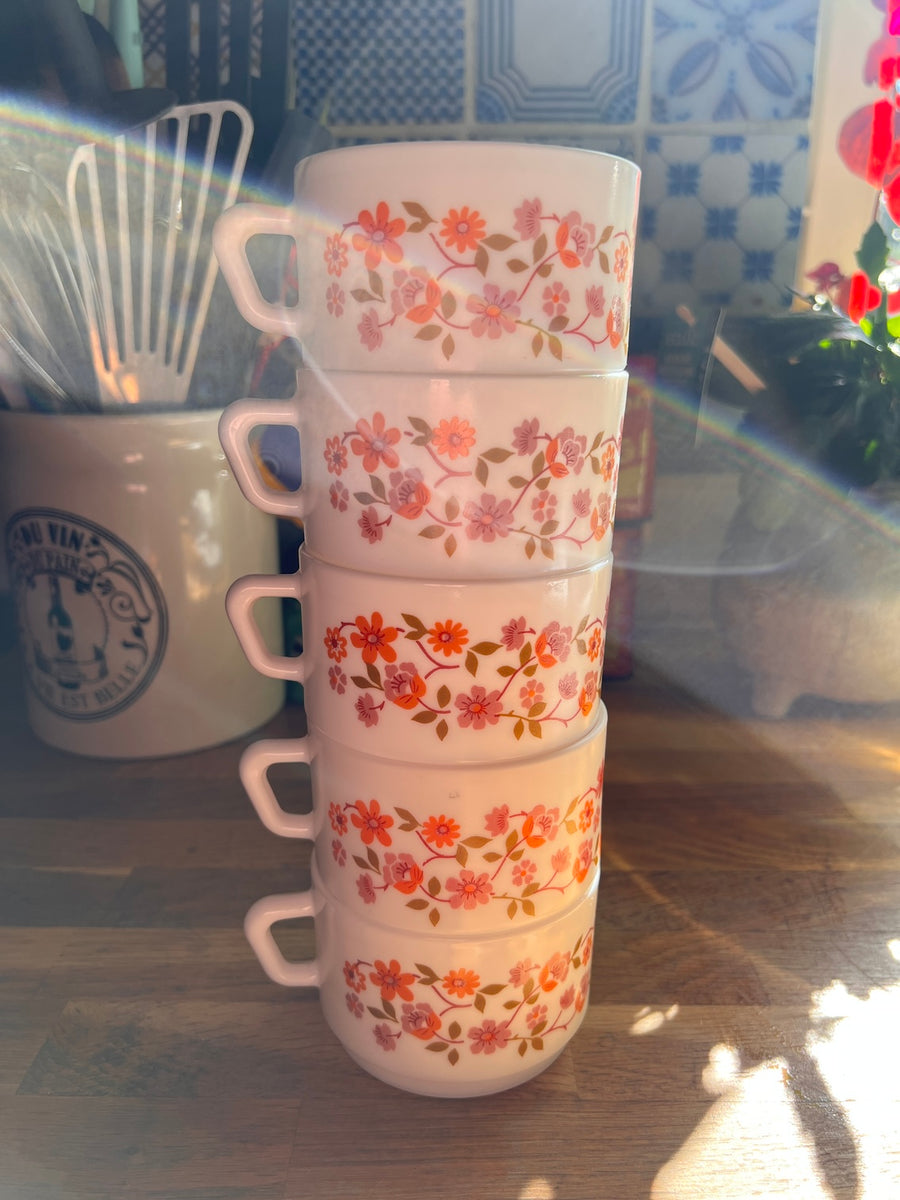 Lot De 3 Tasses à Café Vintage Arcopal France, Motifs Fleurs Orange, D 7,5 Cm