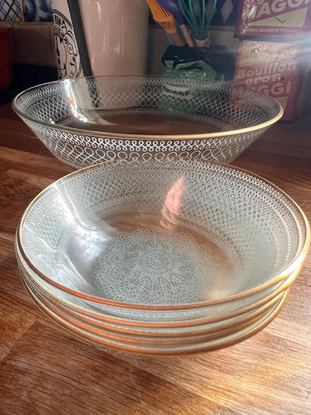 Saladier et 5 coupelles vintages en verre ou cristal motif dentelle - Années 1900