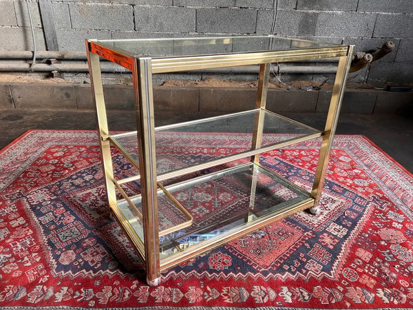 Desserte / chariot de bar vintage en laiton et verre style Hollywood Regency - 80's