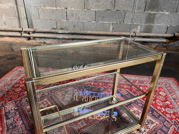 Desserte / chariot de bar vintage en laiton et verre style Hollywood Regency - 80's
