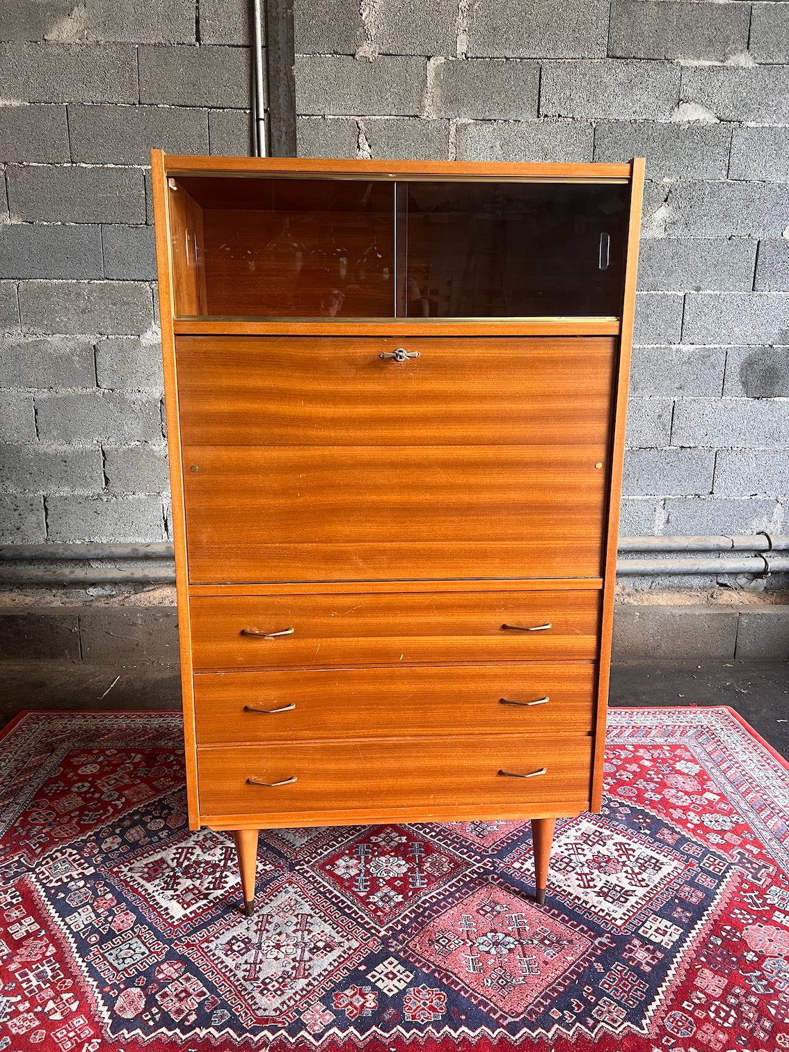 Secrétaire bureau vintage en placage teck au style scandinave