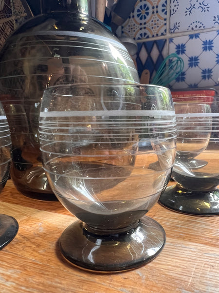 Service à liqueur vintage style Art Déco en verre soufflé marron - 1960