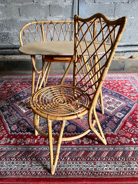 Coiffeuse et chaise vintages en rotin par Louis Sognot dans les années 60
