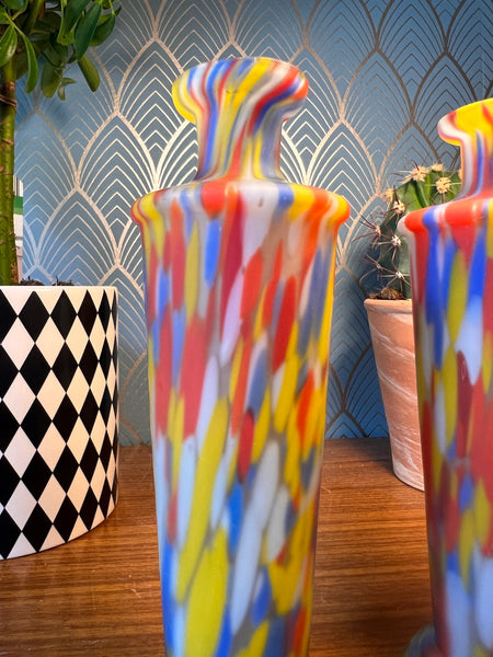 Paire de soliflores / vases vintages en verre jaspé de Murano soufflé et dépoli - dans le goût de Clichy