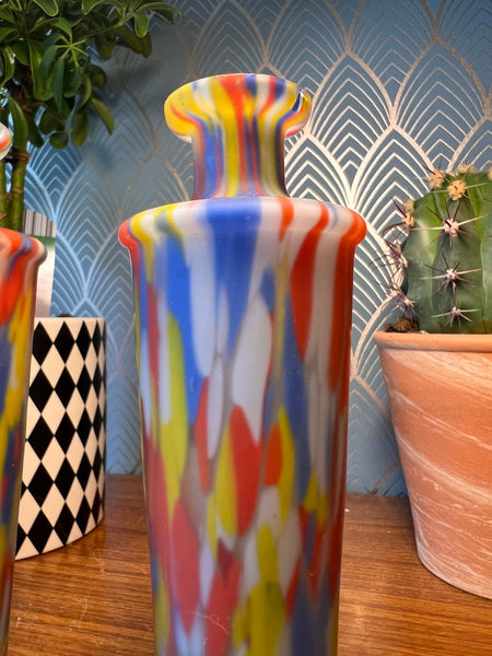 Paire de soliflores / vases vintages en verre jaspé de Murano soufflé et dépoli - dans le goût de Clichy