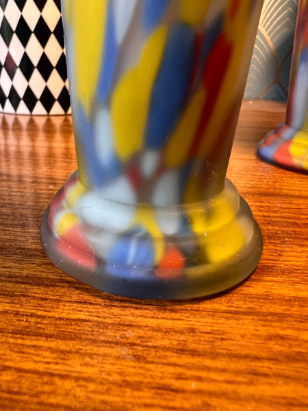 Paire de soliflores / vases vintages en verre jaspé de Murano soufflé et dépoli - dans le goût de Clichy
