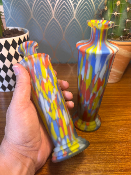 Paire de soliflores / vases vintages en verre jaspé de Murano soufflé et dépoli - dans le goût de Clichy