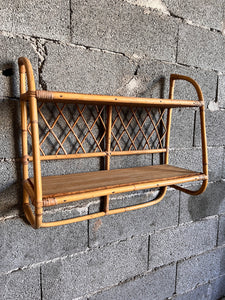 Etagère vintage en rotin et bois à 2 plateaux