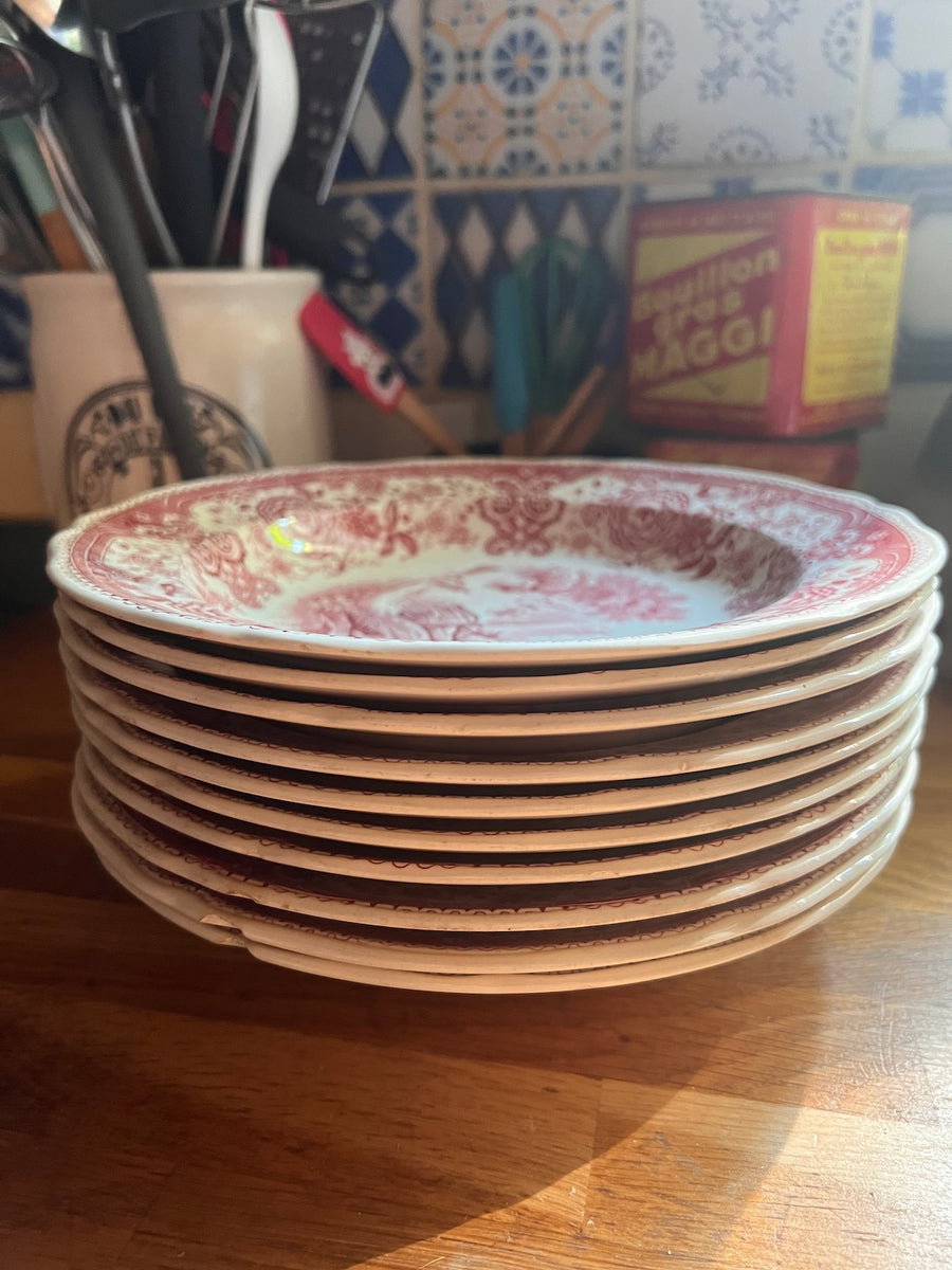 Lot de 6 assiettes vintage en métal émaillé sur le thème Lot de 6 assiettes vintage en métal émaillé sur le thème