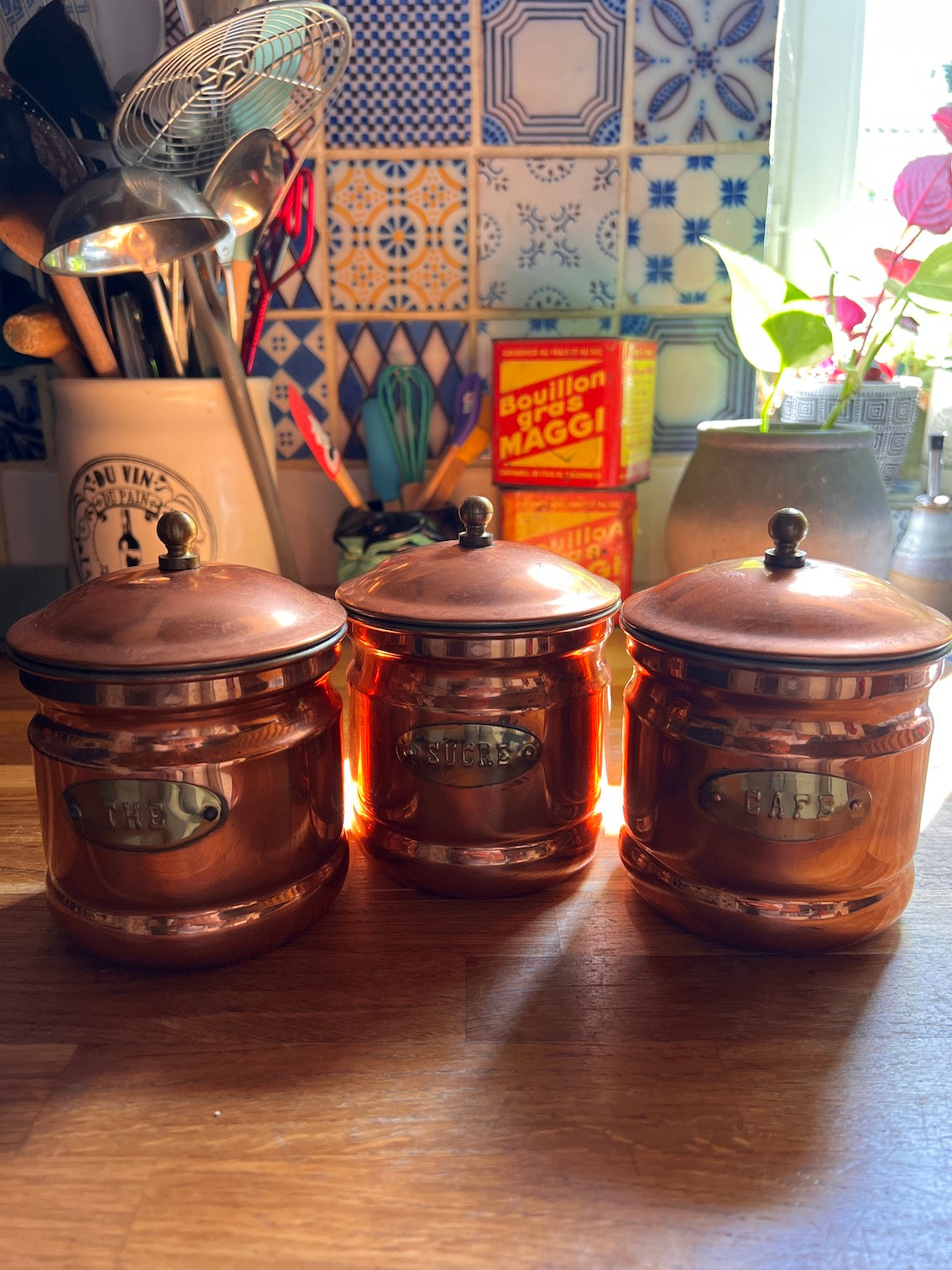 Lot de 3 pots de cuisine vintages en cuivre et laiton