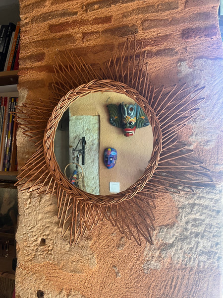 Miroir soleil vintage en osier 60cm - Années 70