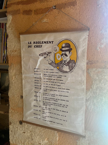 Affiche murale humoristique vintage en tissu Le Réglement du Chef