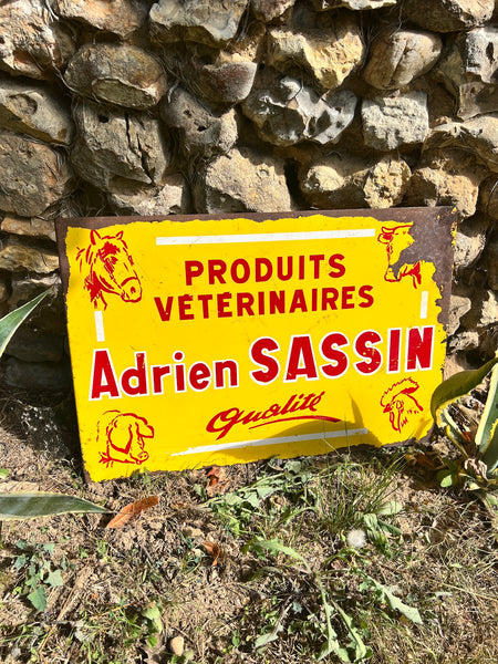 Panneau publicitaire métallique vintage recto/verso Adrien Sassin - Produits Vétérinaires - Vers 1930