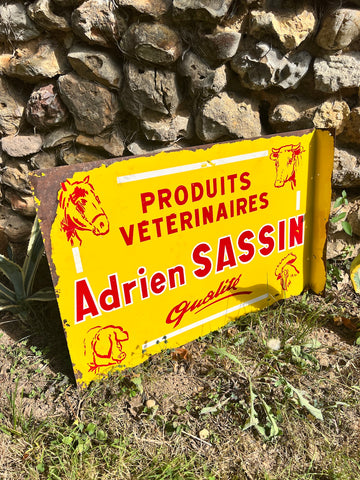 Panneau publicitaire métallique vintage recto/verso Adrien Sassin - Produits Vétérinaires - Vers 1930