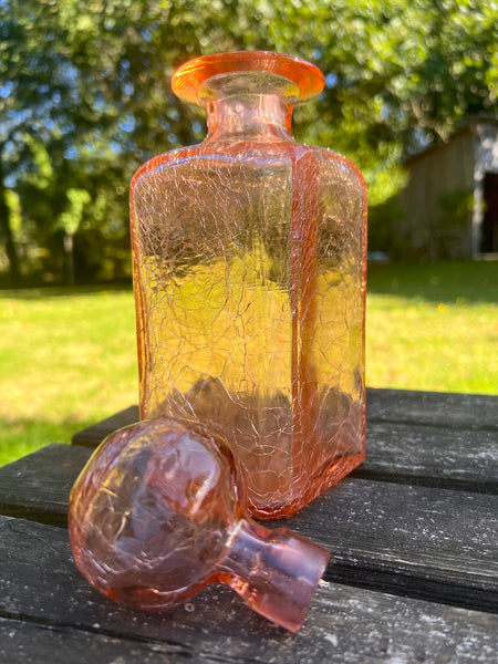 Carafe / flacon vintage en craqueline rose (verre craquelé) - Années 70