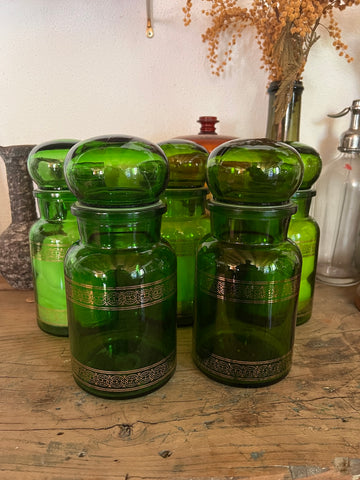 Bocal / pot d'apothicaire vintage en verre vert et doré - Made in Bergium