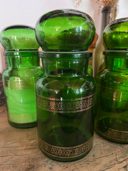 Bocal / pot d'apothicaire vintage en verre vert et doré - Made in Bergium