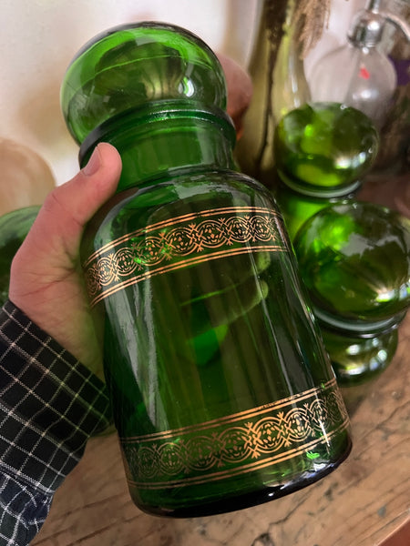 Bocal / pot d'apothicaire vintage en verre vert et doré - Made in Bergium