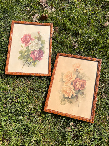 2 cadres vintages bouquets de roses encadrement bois 25x19cm