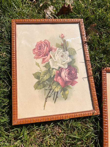 2 cadres vintages bouquets de roses encadrement bois 25x19cm