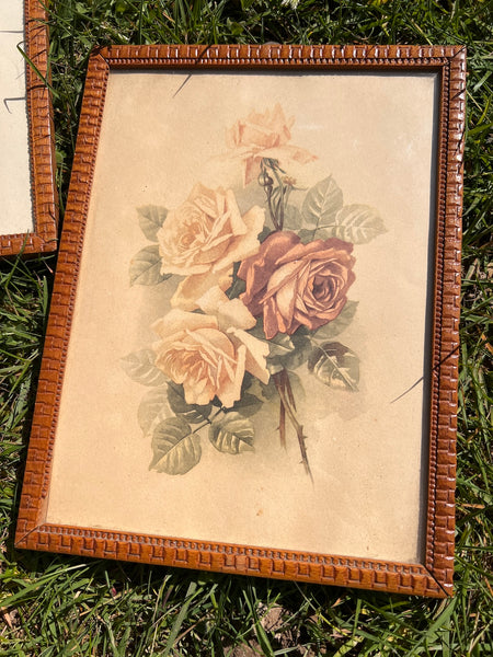 2 cadres vintages bouquets de roses encadrement bois 25x19cm