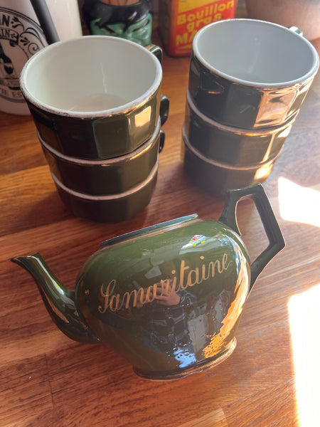 Service à café / thé vintage en céramique verte et blanche - Samaritaine et Capion Périgueux