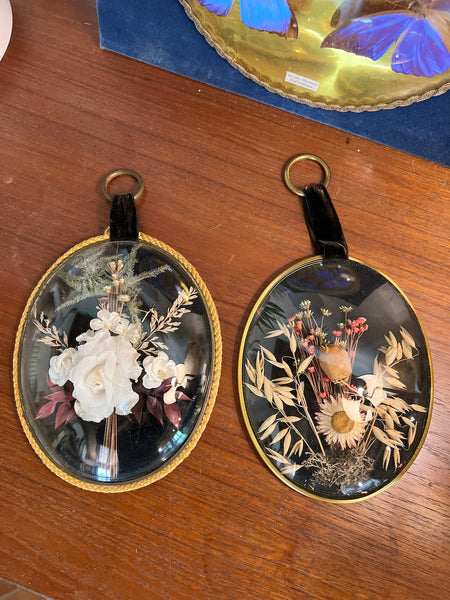 Duo de cadres ovales vintages au verre bombé de fleurs séchées