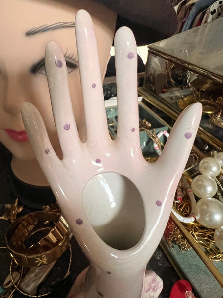 Main baguier / soliflore vintage en porcelaine rose et mauve