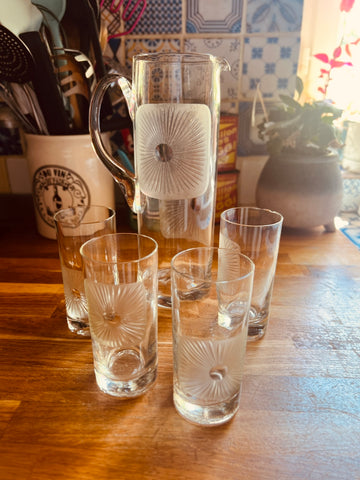 Service à orangeade vintage en verre soufflé et gravé