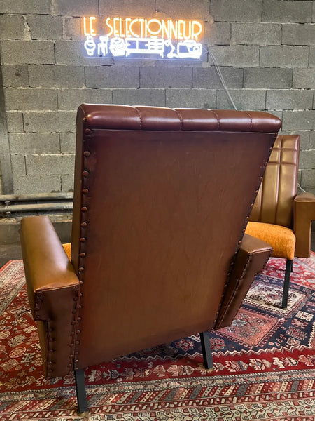 Paire de fauteuils vintages en skaï et tissu - Années 60