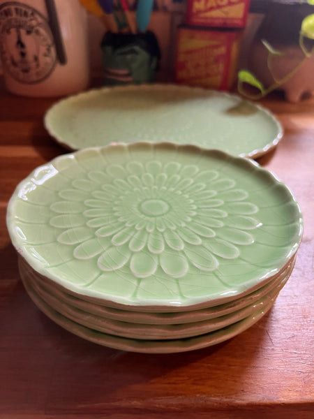 Plat et 5 assiettes vintages en céramique verte Proceram - Années 60