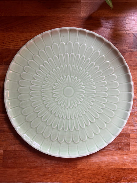 Plat et 5 assiettes vintages en céramique verte Proceram - Années 60