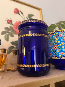 Pot vintage en verre bleu cobalt aux liserés dorés Lever